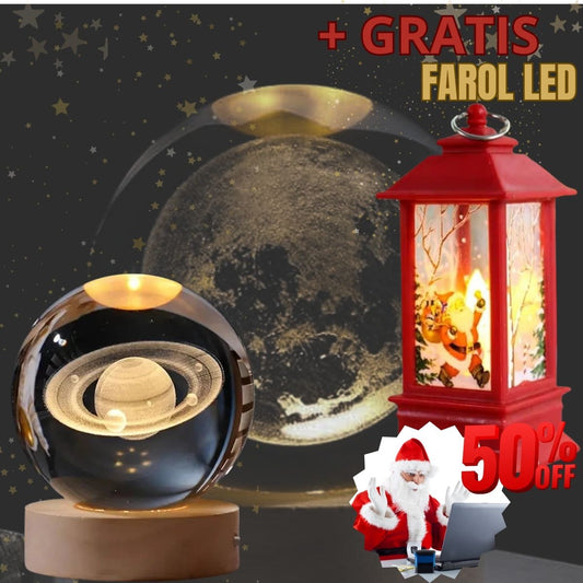 Moonlight® - Lámpara esfera de cristal 3D - Luna y Saturno + FAROL LED GRATIS